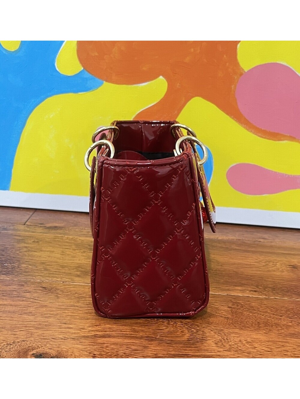 Deep Red Patent Quilted Top Handle Bag Cherry Bag Charm Lady Style Mini Purse - Picture 4 of 7